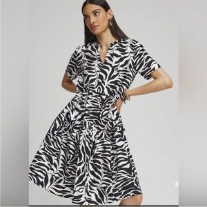 Black And White Poplin palm Dress split neck side pockets beach summer cotton